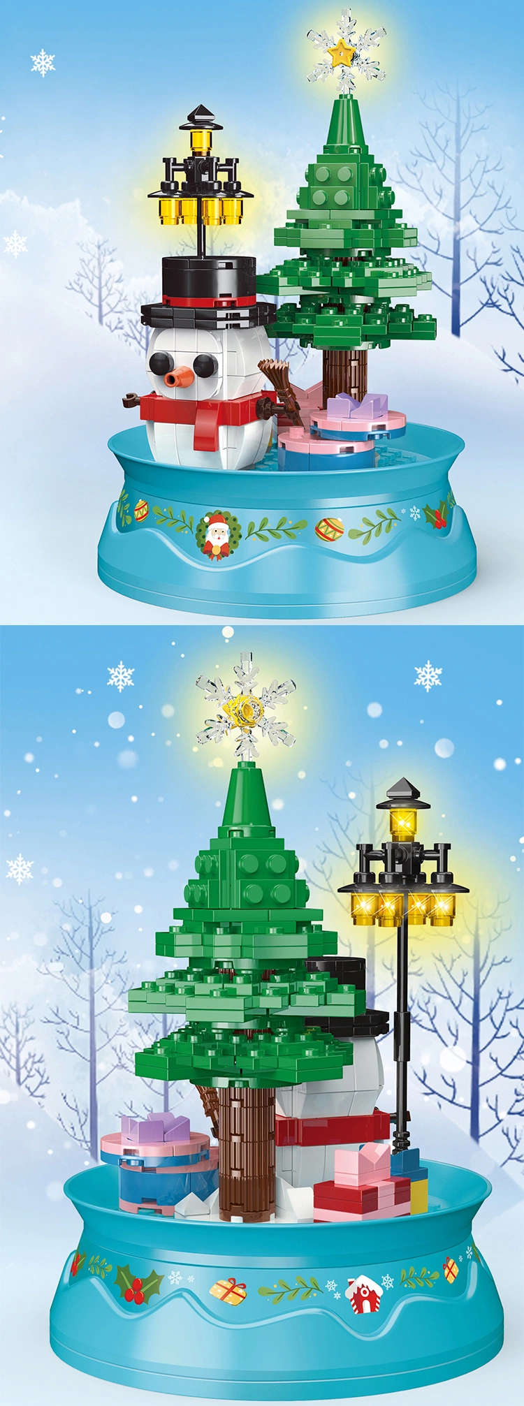 Woma Toys Wholesale Customize Kids Christmas Birthday Gifts Snow Man Model Collectible Spin Music Box DIY Small Brick Building Blocks Set DIY Game Toy